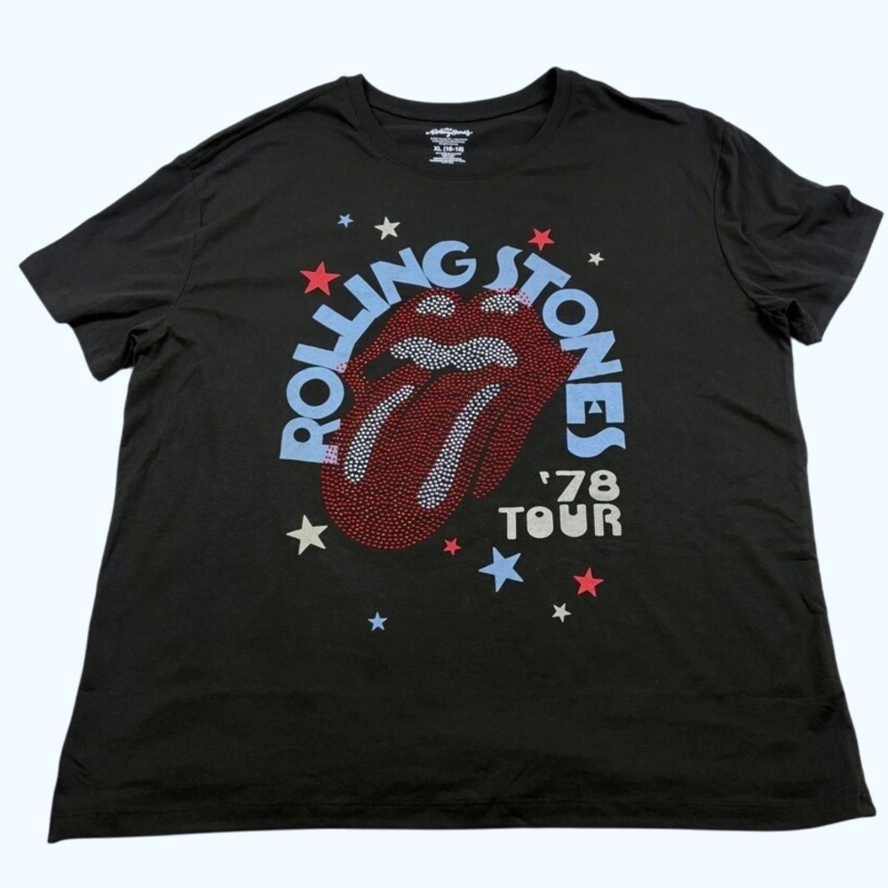 Rolling Stones '78 Tour Rhinestone Graphic Black T-Shirt XL Womens Rebellious‎